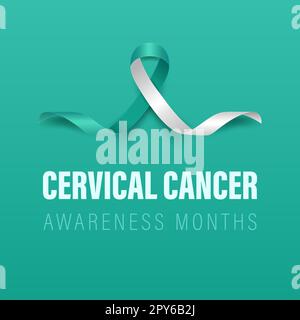 Cervical Cancer Banner, Card, Placard with Vector 3d Realistic Teal and White Ribbon on Teal Background. Cervical Cancer Awareness Month Symbol Closeu Stock Photo