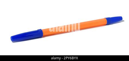 Plastic orange pen with a blue cap on a white isolated background Stock Photo
