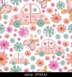 Cars, butterflies and flowers repeat pattern Stock Photo
