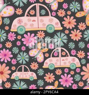 Cars, butterflies and flowers repeat pattern Stock Photo