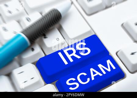 Text showing inspiration Irs Scam. Business concept targeted taxpayers by pretending to be Internal Revenue Service Stock Photo