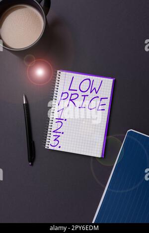 Text caption presenting Low Price. Word for Price are the lowest in relation to other things of same kind Stock Photo