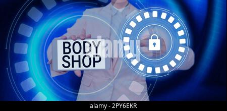 Text sign showing Body Shop. Internet Concept a shop where automotive bodies are made or repaired Stock Photo