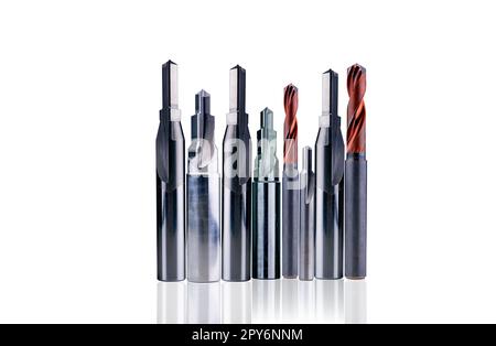 Special tools isolated on white background. Made to order special tools. Carbide cutting tool for industrial applications. Coated step drill and reamer detail. HSS cemented carbide. Engineering tools. Stock Photo