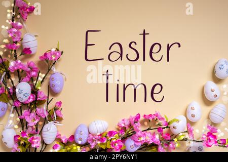 Pink Spring Flower Arrangement, Easter Decoration, English Text Easter Time Stock Photo