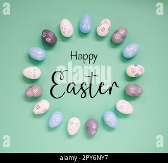 Easter Egg Decoration, Flat Lay, English Text Happy Easter Stock Photo