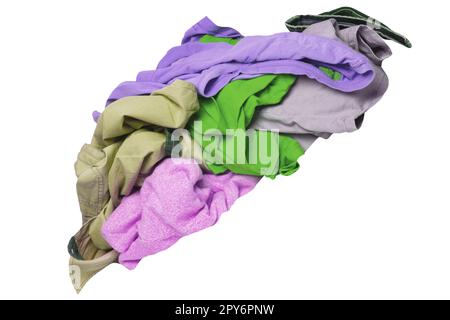 Heap of clothing. Pile or stack of colorful dirty messy clothes ready for the laundry isolated on a white background. Clipping path. Stock Photo
