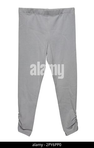 Kids trousers isolated. Elegant grey trousers or sweatpants for child girl isolated on a white background. Clipping path. Sporty cotton fashion for kids. Stock Photo