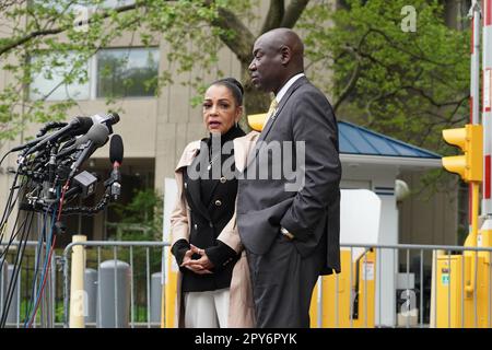 New York, USA. 24th Apr, 2023. Kathryn Griffin-Townsend (Marvin Gaye's daughter) and Ben Crup (attorney) leave Manhattan Federal Court building after hearing over alleged copyright infringement by musician Ed Sheeran. (Credit Image: © Catherine Nance/SOPA Images via ZUMA Press Wire) EDITORIAL USAGE ONLY! Not for Commercial USAGE! Stock Photo