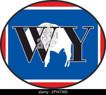 Sign of state of Wyoming for sticking on glass of car on background of flag. Sign of Wyoming on state flag. vehicle badge. Abbreviation for the state Stock Photo