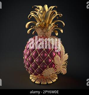 Pineapple with golden ornament on black background Stock Photo