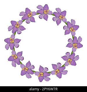 Wreath round frame with doodle purple violet Iris flowers hand drawn. Vector illustration Stock Vector