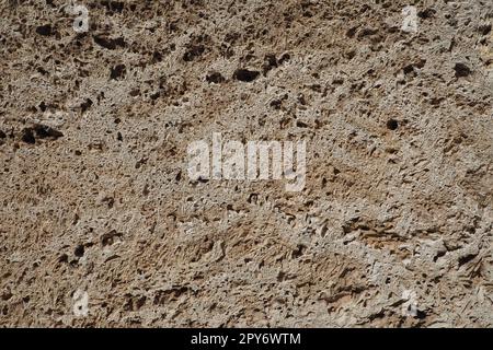 Textured wall lined with beige shell rock tiles. Close-up of a wall made of ancient shell rock. Holes, irregularities of natural building material. Church wall in Banja Koviljaca, Serbia Stock Photo