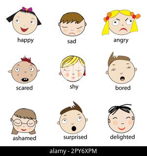 Collection of cartoon kids faces with different  facial emotions Stock Photo