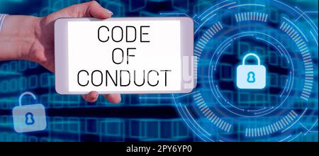 Conceptual caption Code Of Conduct. Business approach Ethics rules moral codes ethical principles values respect Stock Photo