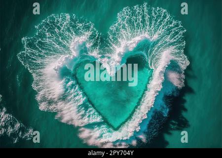 Aerial view of heart shaped trace on turquoise blue sea. Stock Photo