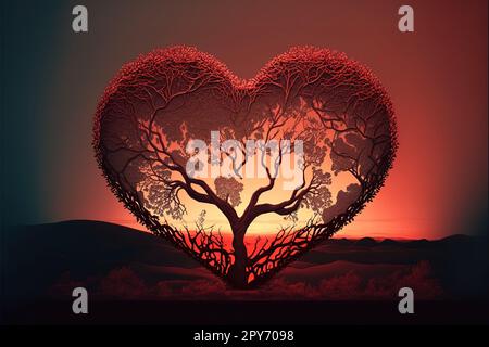 Heart Tree - Love For Nature - Red Landscape At Sunset Stock Photo