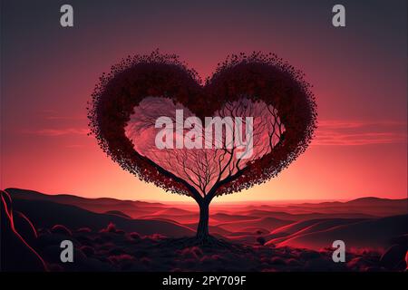 Heart Tree - Love For Nature - Red Landscape At Sunset. Stock Photo