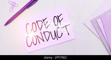 Handwriting text Code Of Conduct. Conceptual photo Ethics rules moral codes ethical principles values respect Stock Photo