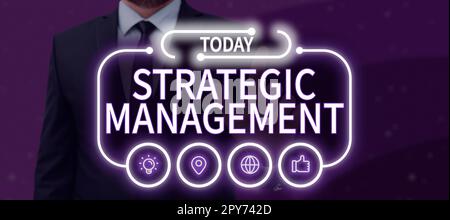 Text caption presenting Strategic Management. Business idea formulation and implementation of the major goals Stock Photo