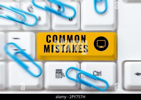 Writing displaying text Common Mistakes. Word for repeat act or judgement misguided or wrong Stock Photo