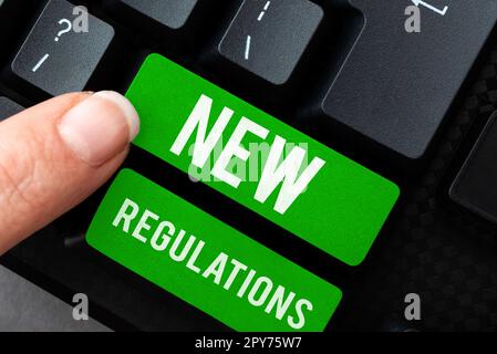 Text showing inspiration New Regulations. Concept meaning Regulation controlling the activity usually used by rules. Stock Photo