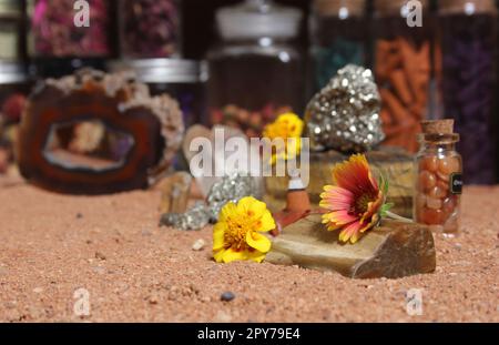 Yellow Flower With Pyrite Rocks and Crystals on Australian Red Sand Stock Photo