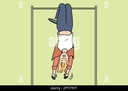 Overjoyed young woman hanging on horizontal bar upside down. Smiling girl have fun exercising outdoors on sport playground. Vector illustration. Stock Photo