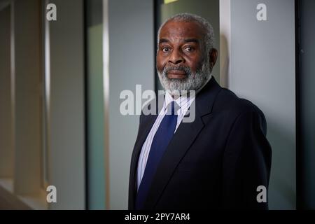 Portrait of Dr Neville Lawrence ahead of the 30th anniversary of his son's murder, Ministry of Justice,102 Petty France, London, England, UK. Stock Photo