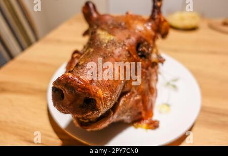 roast head of a suckling pig on a plate Stock Photo