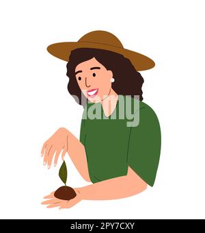 Plant and environment care concept.Woman farmer holding seedling, sprout with green leaf and soil in hand.Person growing vegetation in ground. Flat ve Stock Photo