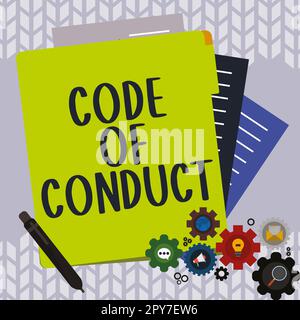 Conceptual caption Code Of Conduct. Business idea Ethics rules moral codes ethical principles values respect Stock Photo