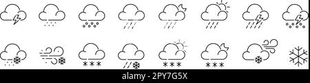 Precipitation weather forecast. Storm, snow, rain, drizzle and hail. Pixel perfect, editable stroke  Stock Vector
