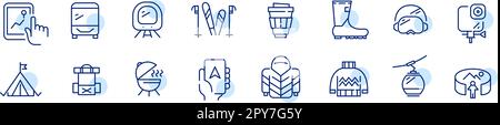 Skiing or camping tours icons. Tourism and hiking. Pixel perfect, editable stroke line icons set  Stock Vector