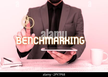 Sign displaying Benchmarking. Word Written on Evaluate something by comparison with a standard Strategy Stock Photo