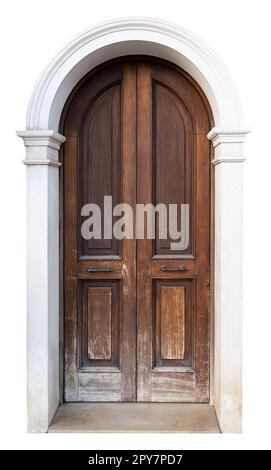 tall vintage brown wooden door with classic marble stone pattern archway isolated on white Stock Photo