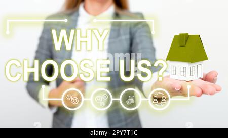 Writing displaying text Why Choose Us. Concept meaning Reasons for choosing our brand over others arguments Stock Photo