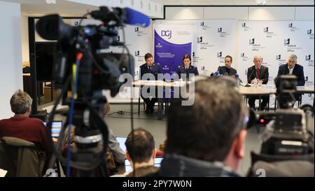 Federal Judicial Police Director-General Eric Snoeck, FGP Limburg Sophie Lever, Federal magstrate Antoon Schotsaert, spokesman Eric Van Duyse and Limburg's Kings Prosecutor Guido Vermeiren pictured at a press conference, in Brussels, regarding a large-scale European operation which took place across several countries earlier this morning, Wednesday 03 May 2023. It concerns a file opened by the Belgian Federal Prosecutor's Office, in collaboration with the Limburg Prosecutor's Office, the Federal Judicial Police, Eurojust, Europol and various countries, in particular Italy. This operation targe Stock Photo