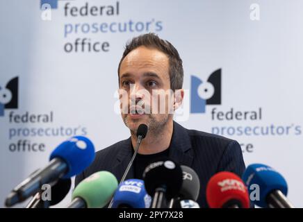 Federal magistrate Antoon Schotsaert pictured during a press conference, in Brussels, regarding a large-scale European operation which took place across several countries earlier this morning, Wednesday 03 May 2023. It concerns a file opened by the Belgian Federal Prosecutor's Office, in collaboration with the Limburg Prosecutor's Office, the Federal Judicial Police, Eurojust, Europol and various countries, in particular Italy. This operation targeted more than a hundred suspected members of the Calabrian mafia. More than 20 searches were carried out in Belgium. BELGA PHOTO BENOIT DOPPAGNE Stock Photo