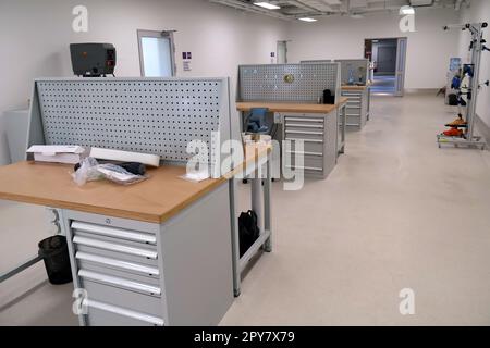 VYNNYKY, UKRAINE - MAY 1, 2023 - A prosthesis laboratory is pictured at the Superhumans Center situated on the premises of the Yuriy Lypa Lviv Regiona Stock Photo