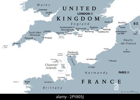 English Channel, gray political map. British Channel, arm of Atlantic Ocean, separates England from France. Busiest shipping area in the world. Stock Photo
