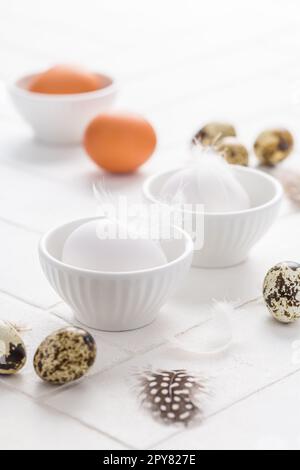 Different eggs with feathers for Easter on white background Stock Photo