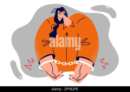 Woman in orange prisoner jumpsuit with hands shackled by handcuffs is sad about upcoming prison sentence or court hearing. Girl prisoner needs support Stock Photo