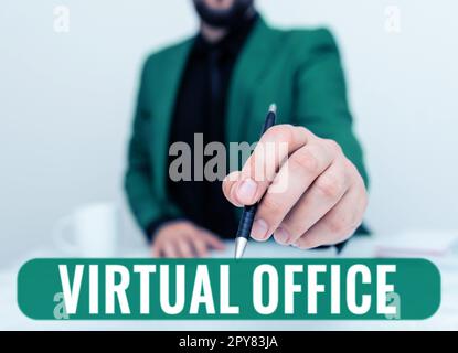 Text caption presenting Virtual Office. Business approach Mobile work-environment equipped with telecommunication links Stock Photo