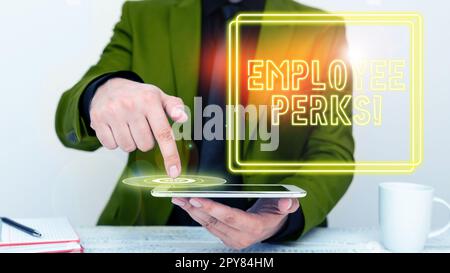 Sign displaying Employee Perks. Business idea Worker Benefits Bonuses Compensation Rewards Health Insurance Stock Photo