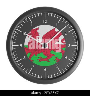 Signs and symbols. Design element. 3D illustration. Wall clock with the flag of Wales Stock Photo