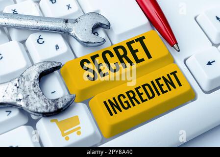 Inspiration showing sign Secret Ingredient. Concept meaning special technique or materials used by a company in manufacturing its products Stock Photo