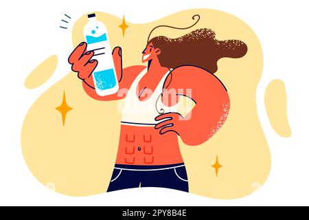 Sportswoman with slender body and cubes on stomach shows bottle of water to quench thirst after morning run. Sportswoman with drinking water takes bre Stock Photo