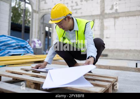 Young Asian engineer in engineering uniform and helmet at construction site working on architecture design blueprint. 30s professional foreman working on structure building at workplace Stock Photo