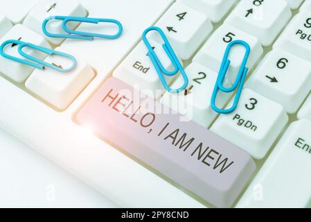 Writing displaying text Hello, I Am New. Word Written on introducing oneself in a group as fresh worker or student Stock Photo
